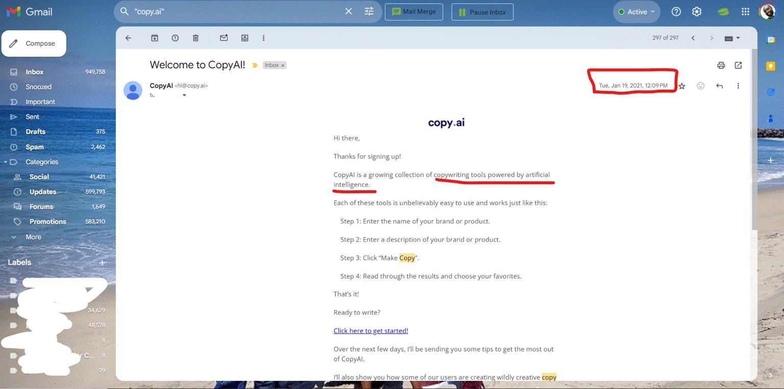 January 2021 Copy.ai welcome email screenshot