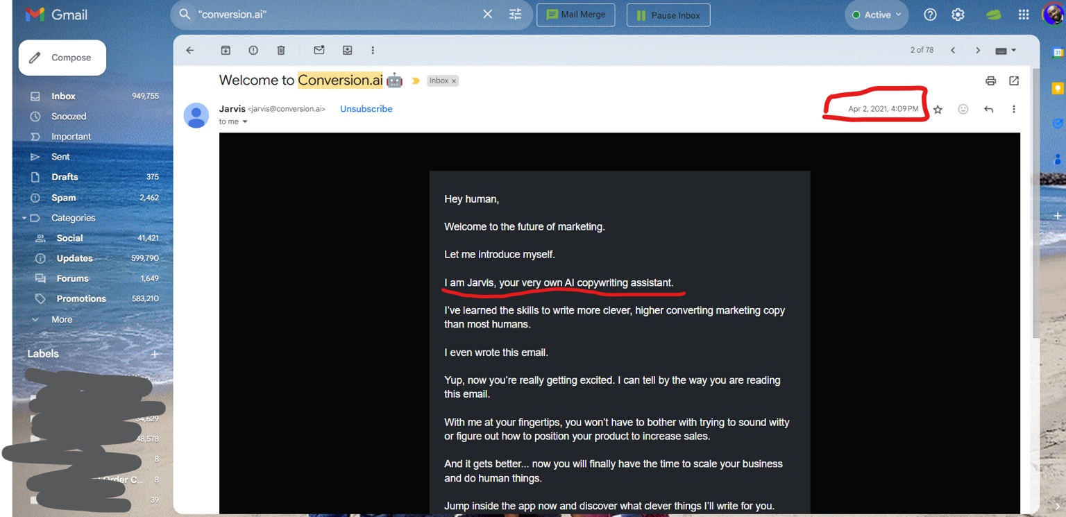 April 2021 Jarvis Conversion.ai welcome email screenshot